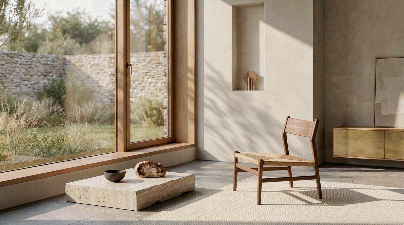 Modern interior with wooden chair and table near large windows with a view of nature.