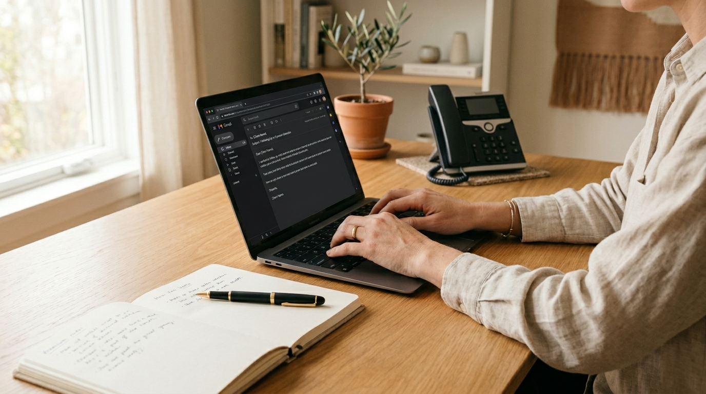Person working on a laptop at a desk with a notebook and pen.