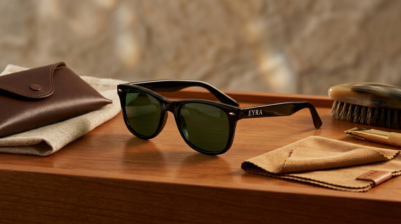 Sunglasses with cleaning cloth and brush on a wooden surface