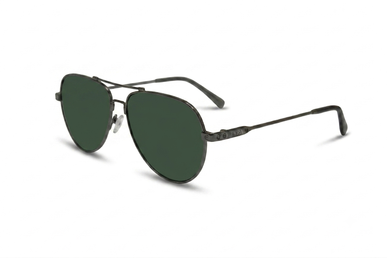 Aviator sunglasses with dark green lenses on a white background
