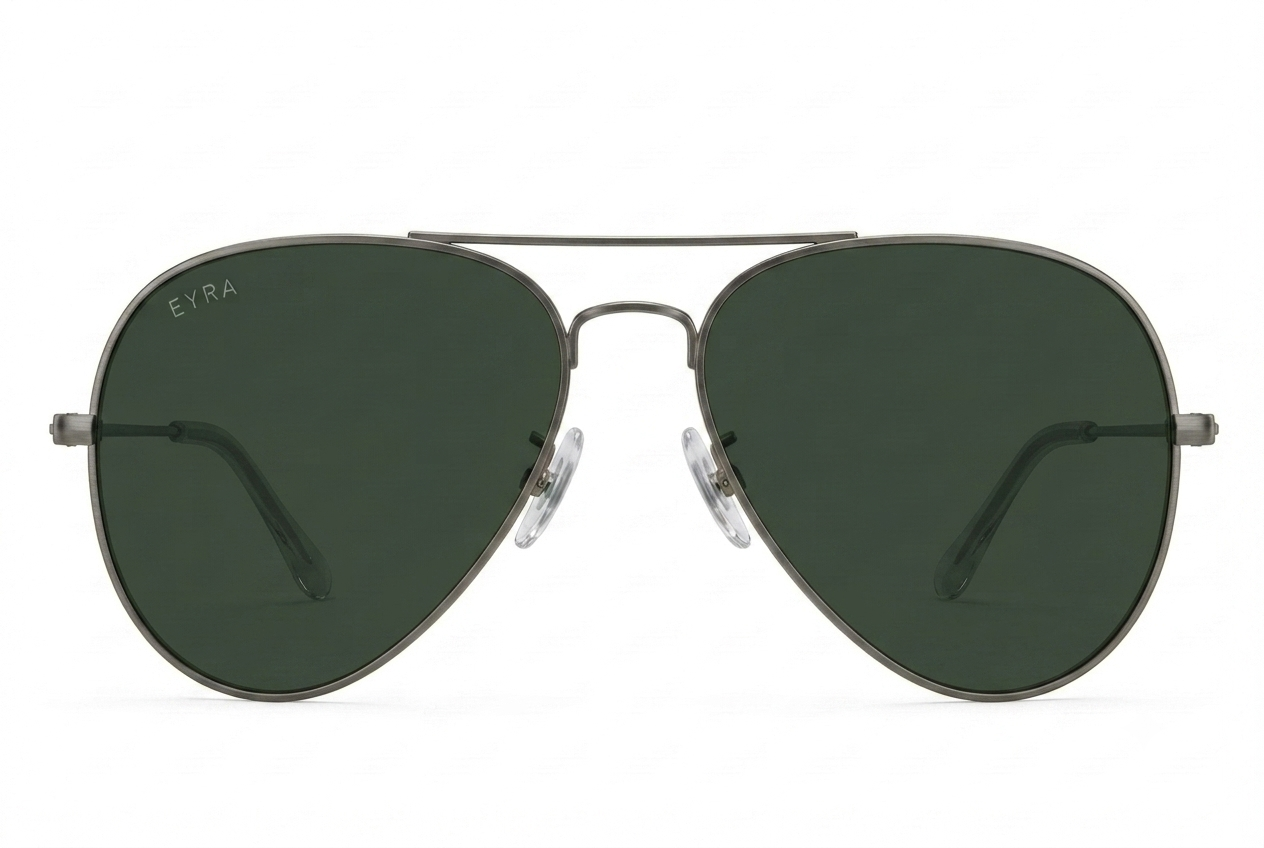 Aviator sunglasses with dark green lenses on a white background