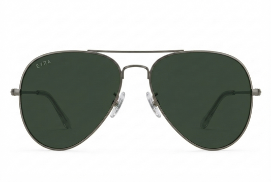 Aviator sunglasses with dark green lenses on a white background