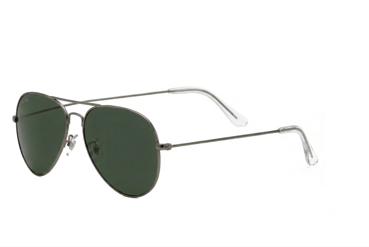 Aviator sunglasses with dark green lenses on a white background
