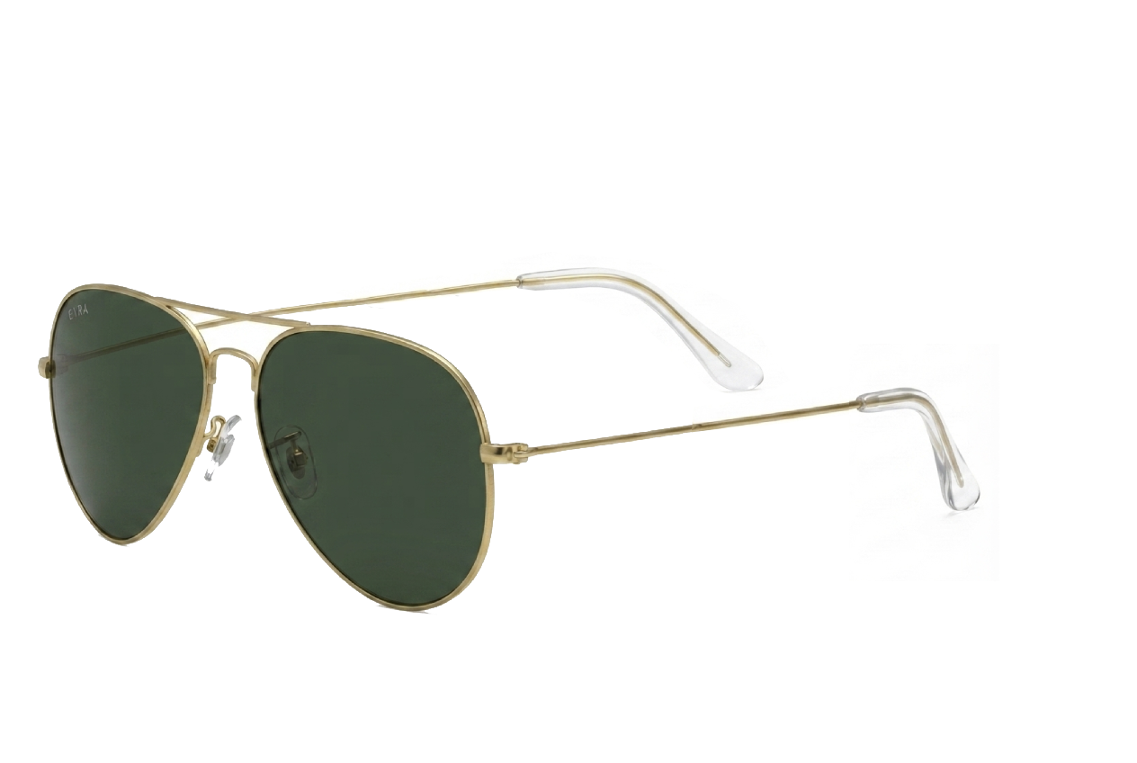 Gold-framed sunglasses with green lenses on a white background