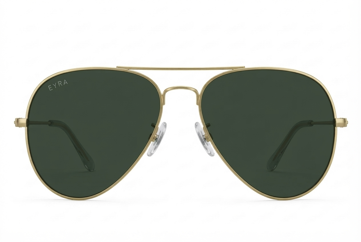 Aviator sunglasses with gold frame and dark lenses on a white background