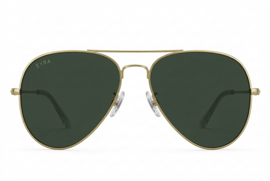 Aviator sunglasses with gold frame and dark lenses on a white background