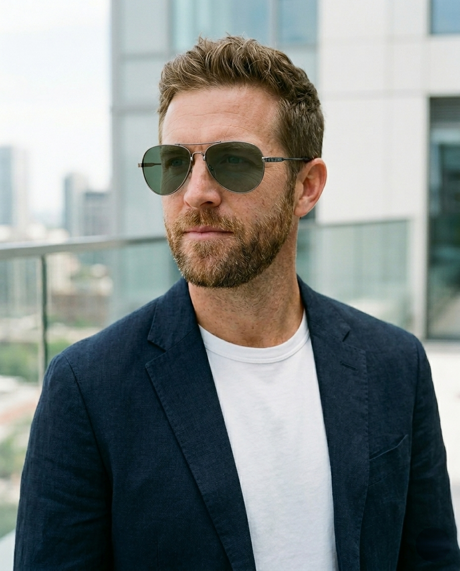EYRA AERO – Gunmetal with G‑15 Green Polarized Lenses on Ethan