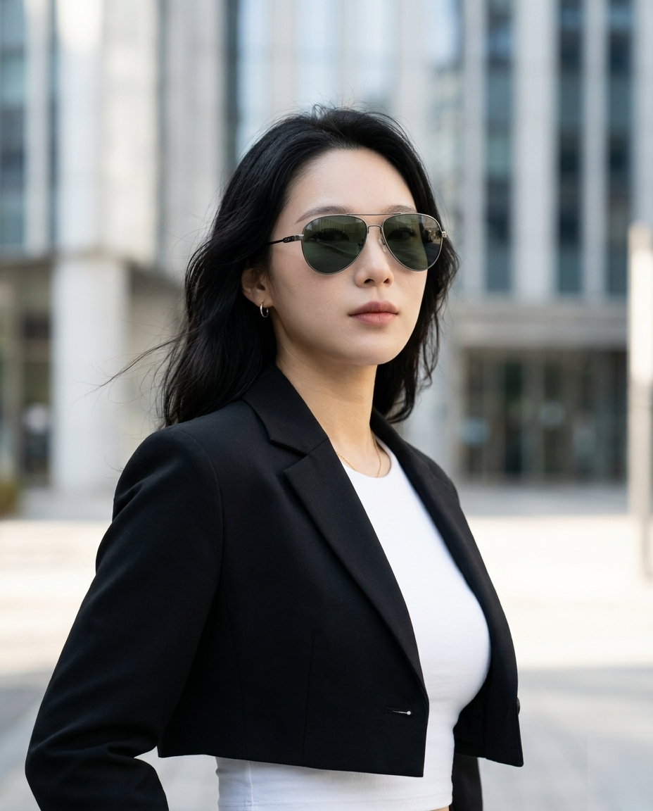 EYRA AERO – Gunmetal with G‑15 Green Polarized Lenses on Emily