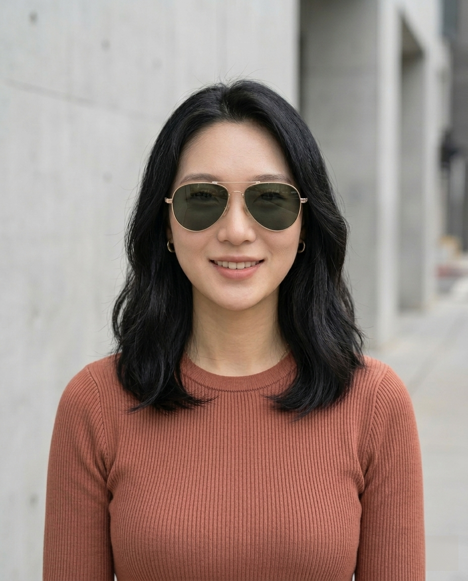 EYRA AERO – Polished Gold with G‑15 Green Polarized Lenses on Emily