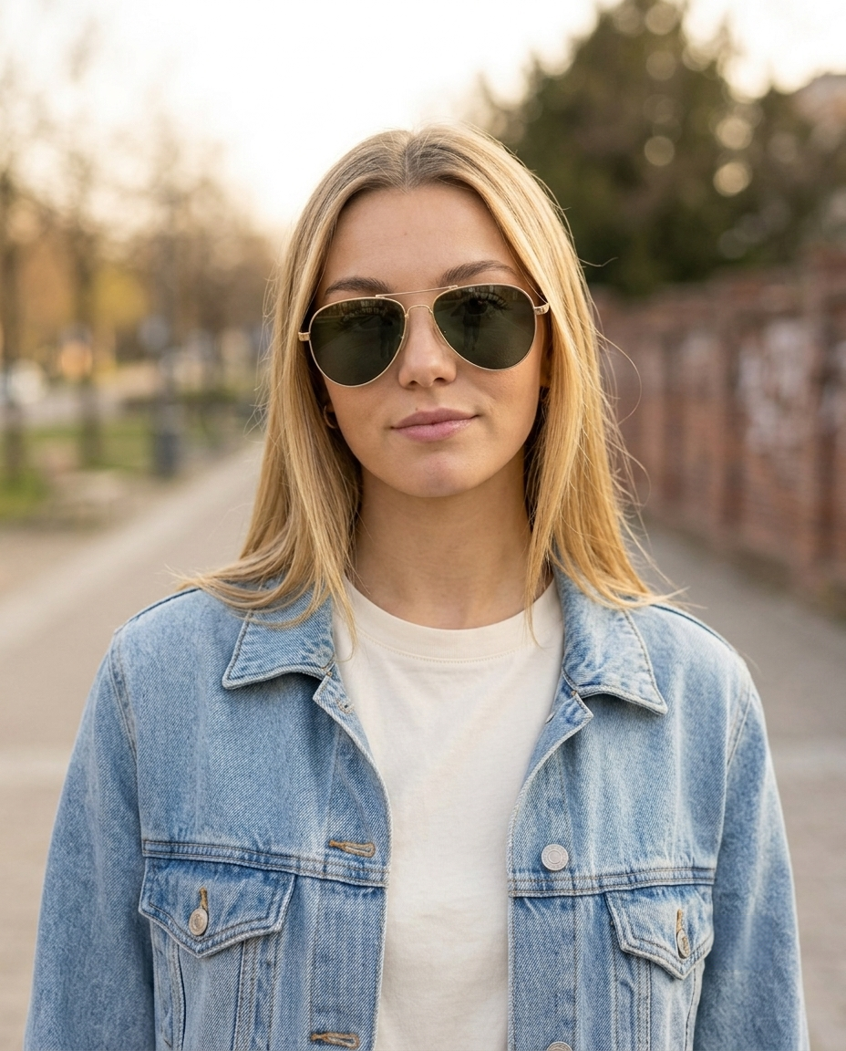 EYRA AERO – Polished Gold with G‑15 Green Polarized Lenses on Emma
