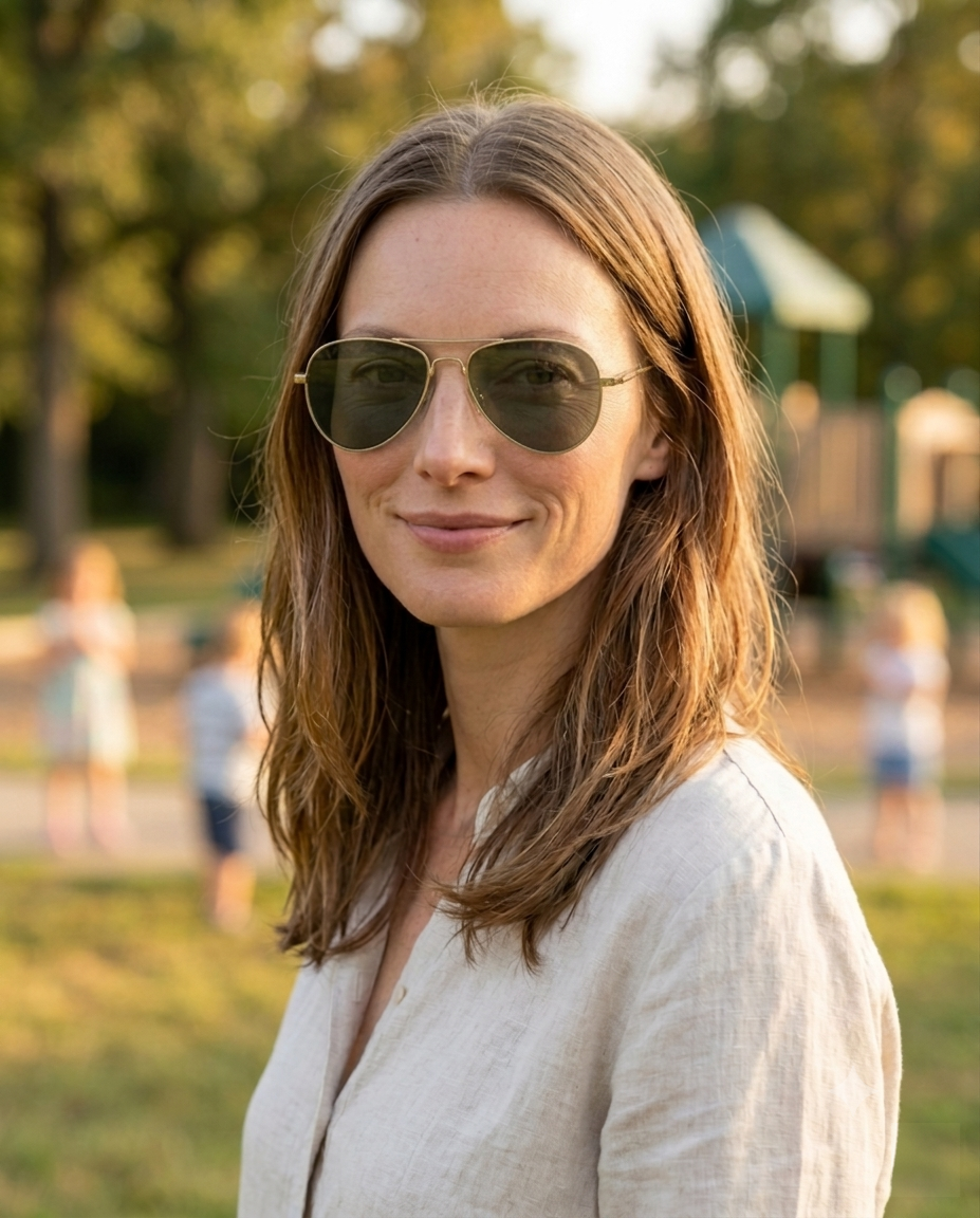 EYRA AERO – Polished Gold with G‑15 Green Polarized Lenses on Liz