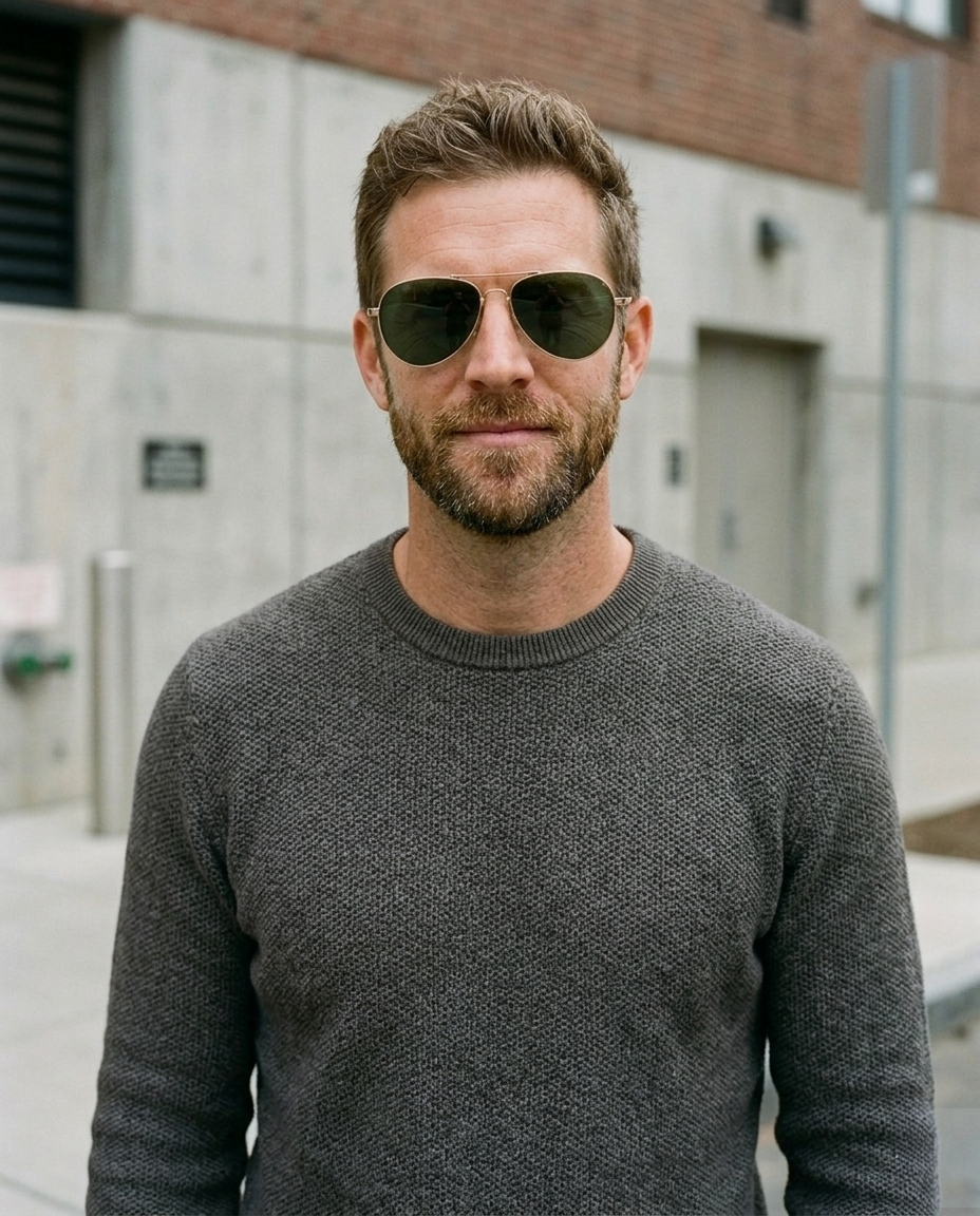 EYRA AERO – Polished Gold with G‑15 Green Polarized Lenses on Ethan