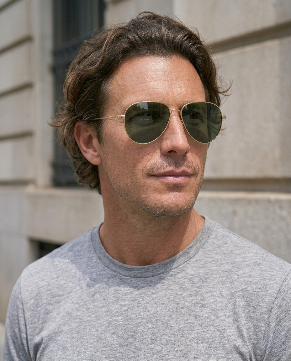 EYRA AERO – Polished Gold with G‑15 Green Polarized Lenses on Luca