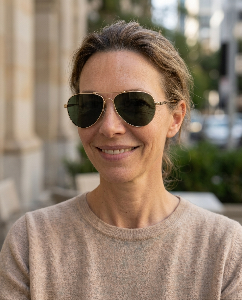 EYRA AERO – Polished Gold with G‑15 Green Polarized Lenses on Anya