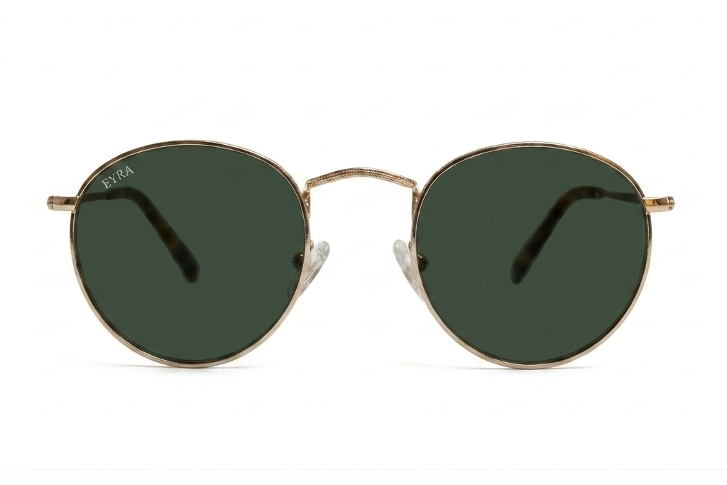 Round sunglasses with gold frame and dark lenses on a white background