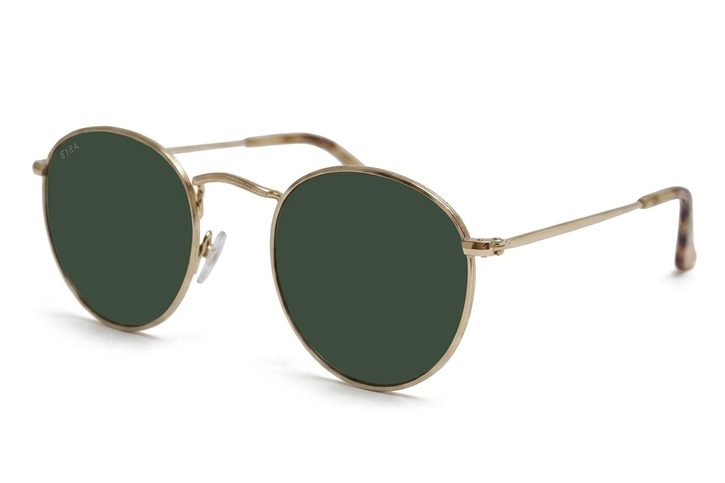 Round sunglasses with gold frame and dark lenses on a white background