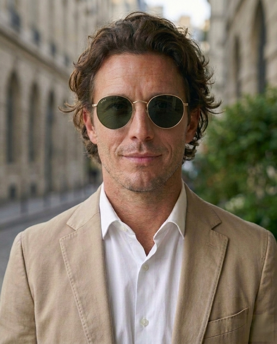 EYRA EVO – Gold with G‑15 Green Polarized Lenses on Luca