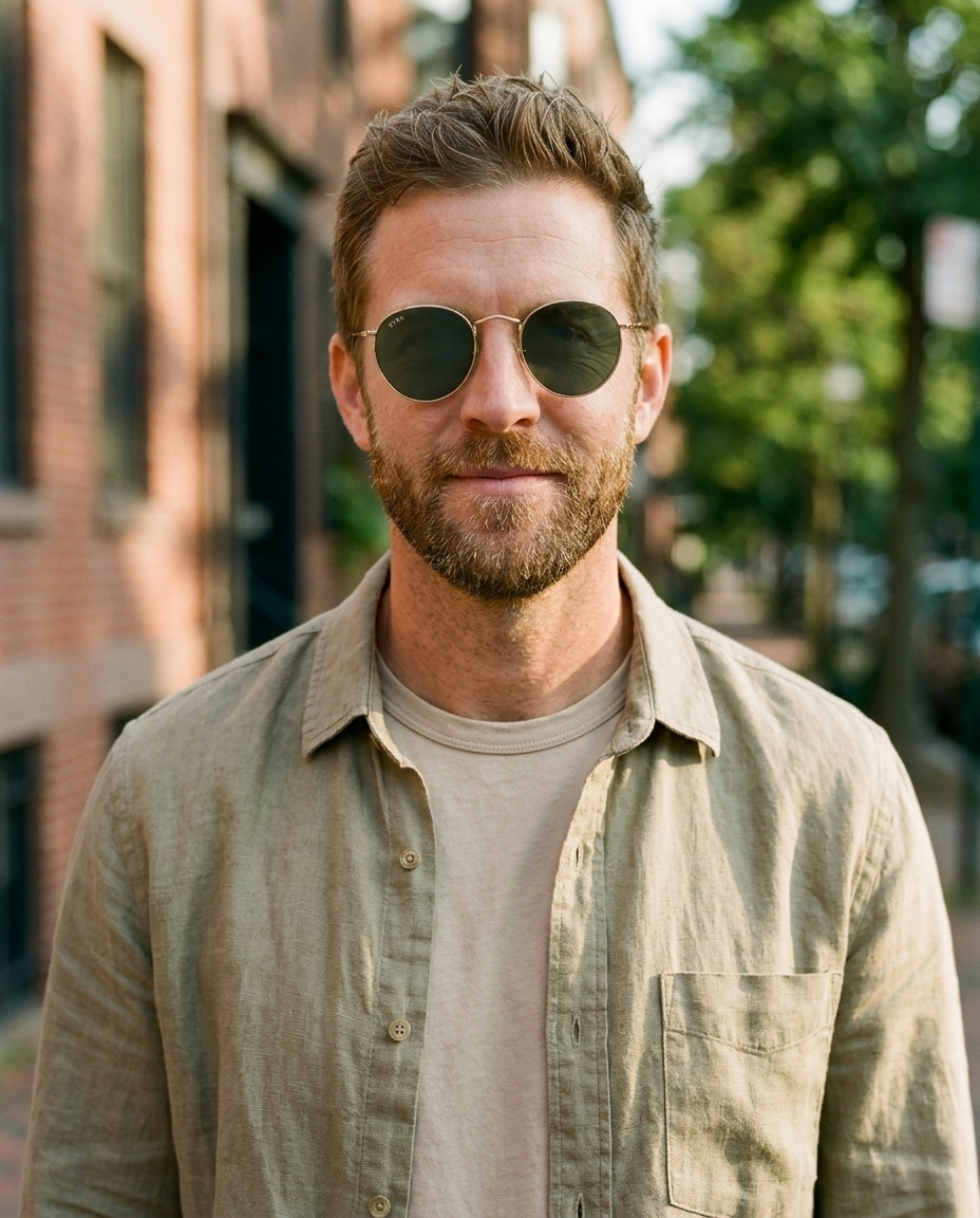 EYRA EVO – Gold with G‑15 Green Polarized Lenses on Ethan
