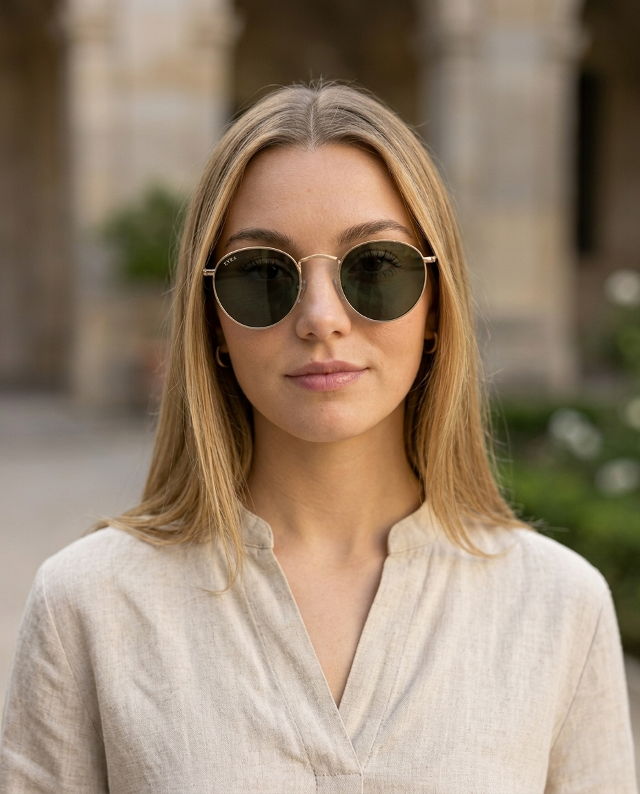 EYRA EVO – Gold with G‑15 Green Polarized Lenses on Emma