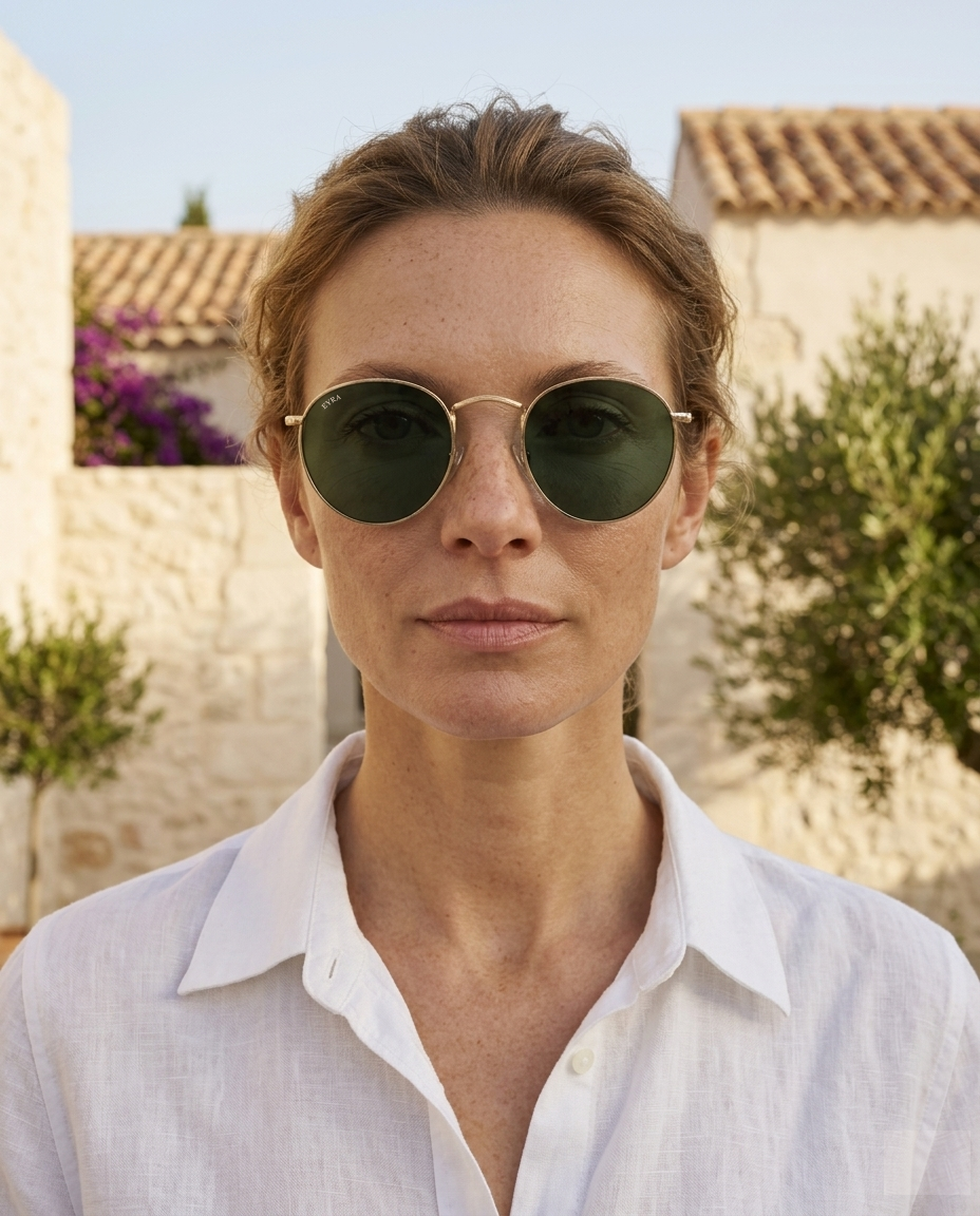 EYRA EVO – Gold with G‑15 Green Polarized Lenses on Anya