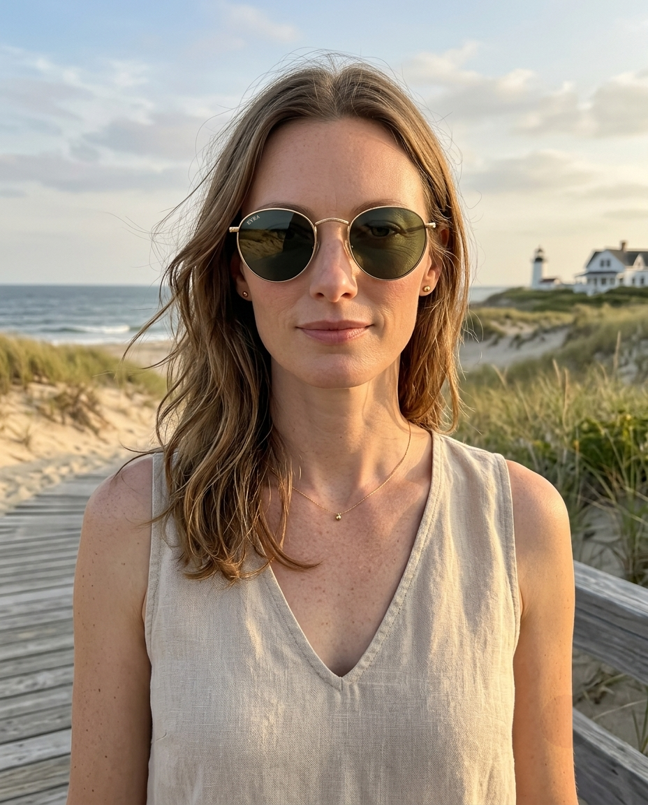 EYRA EVO – Gold with G‑15 Green Polarized Lenses on Liz