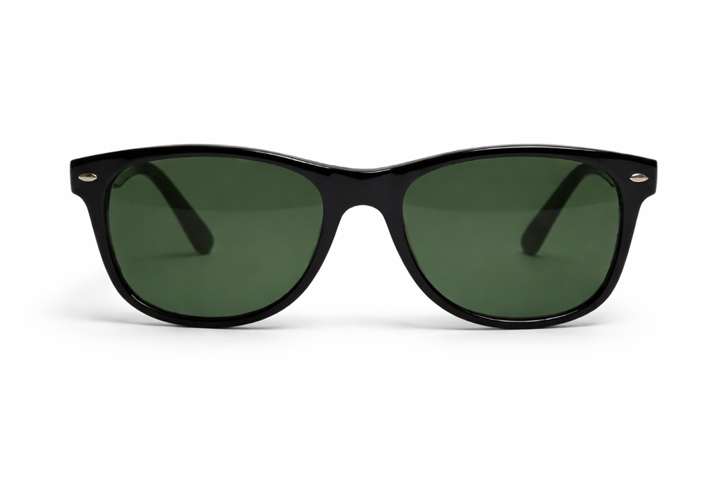 Black sunglasses with dark lenses on a white background