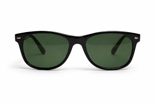 Black sunglasses with dark lenses on a white background