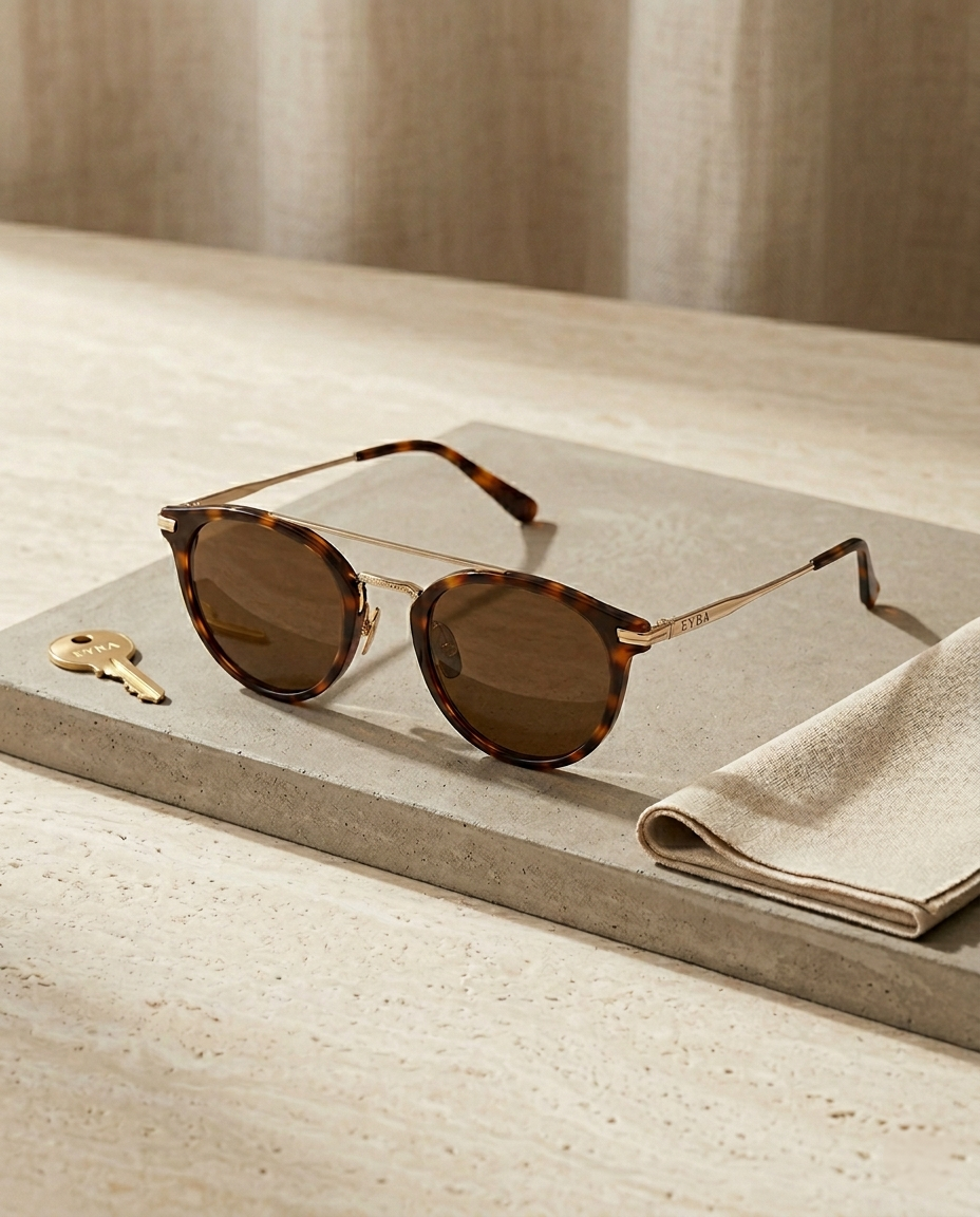 Lifestyle photo of EYRA sunglasses with microfiber cloth