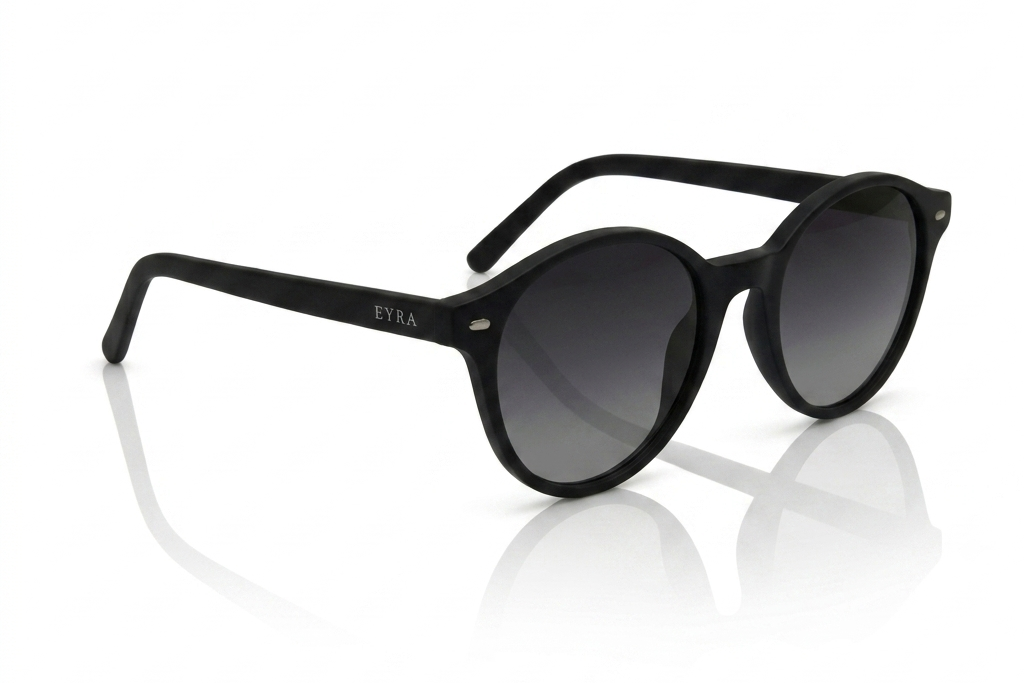 Black sunglasses with a reflective surface on a white background