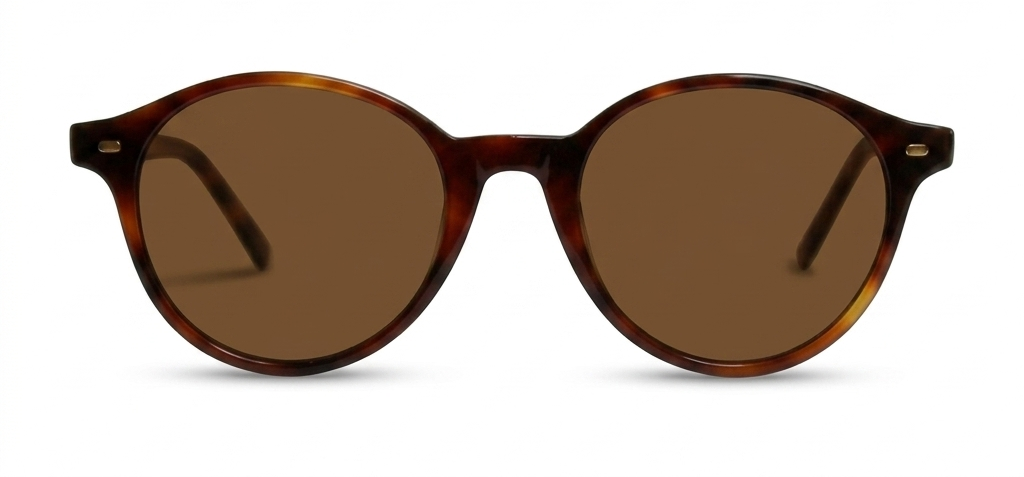Sunglasses with tortoiseshell frame and brown lenses on a white background
