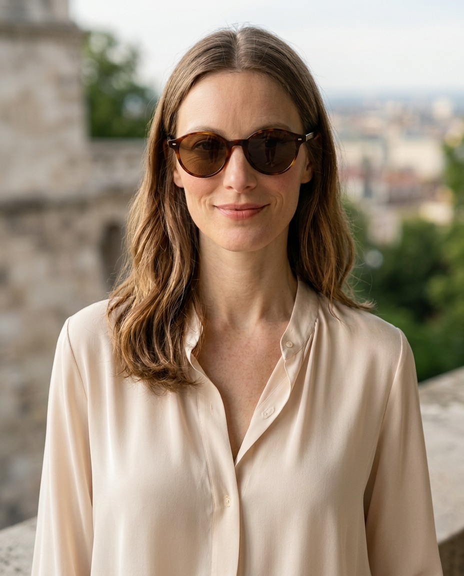 EYRA MIRA – Dark Tortoise with Brown Polarized Lenses on Liz