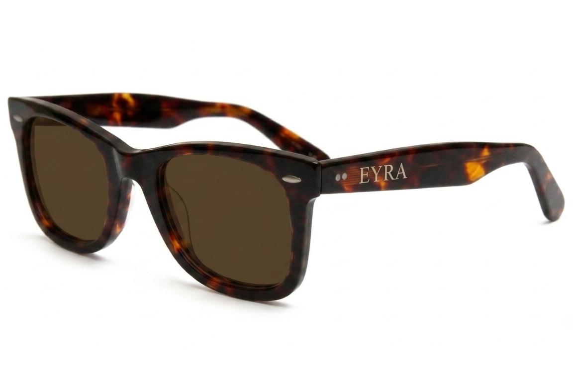 Sunglasses with tortoiseshell frame and brown lenses on a white background