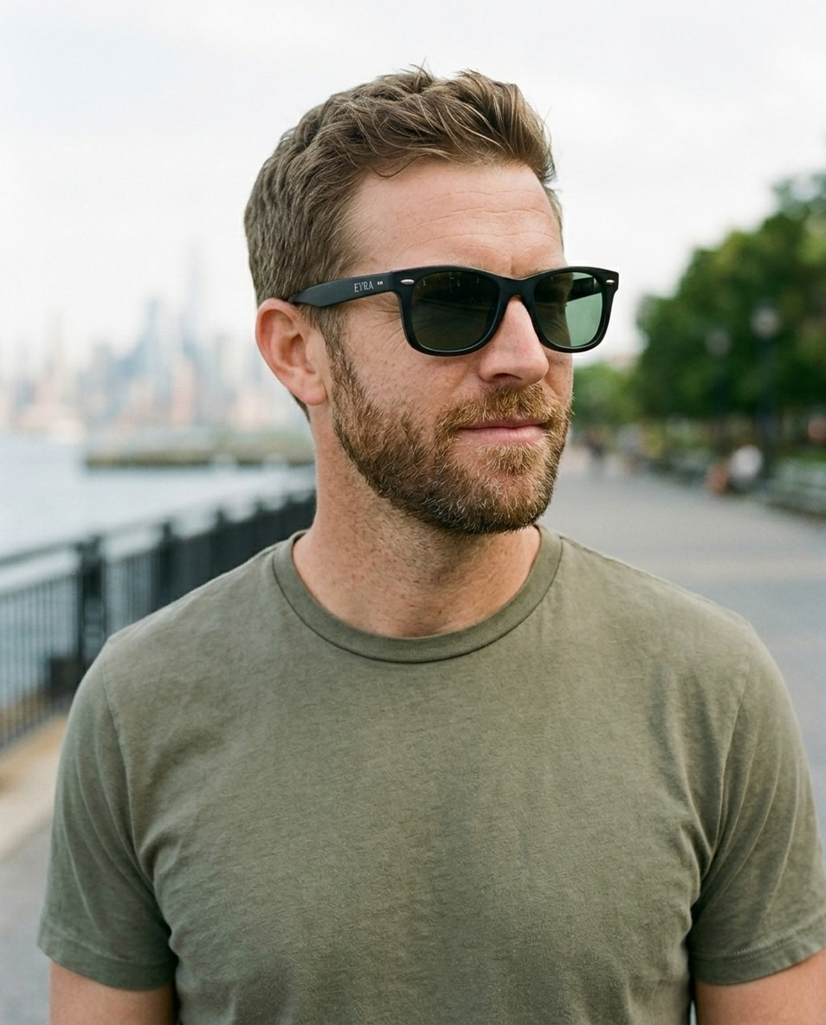 EYRA NARO – Black with G‑15 Green Polarized Lenses on Ethan