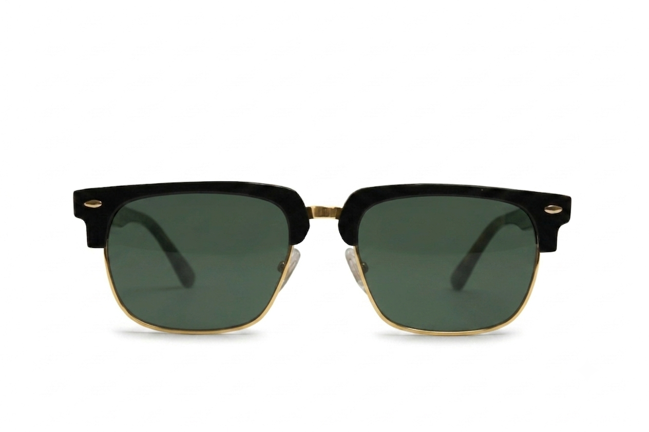 Black sunglasses with green lenses on a white background