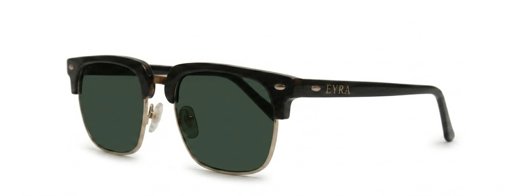 Sunglasses with black frame and green lenses on a white background