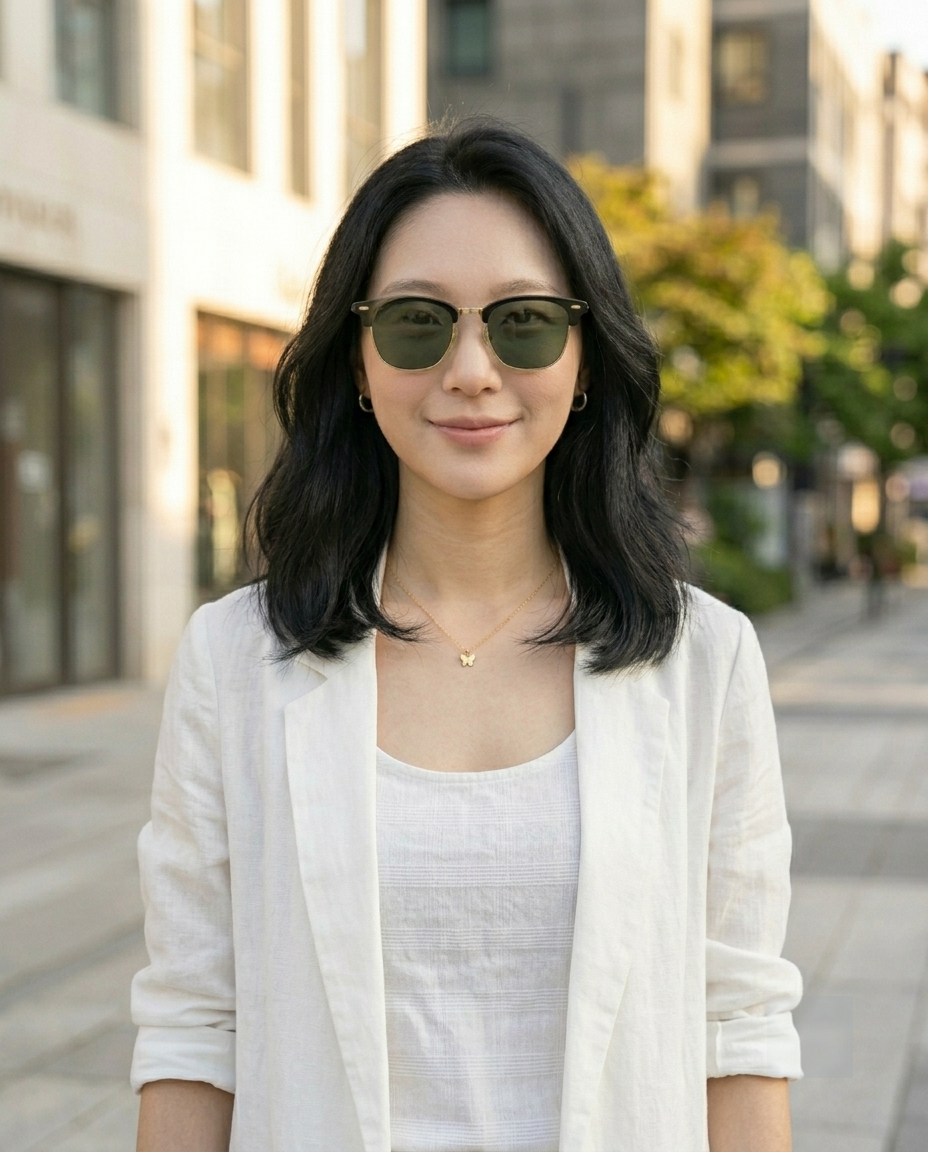 EYRA SERA – Black & Gold with G‑15 Green Polarized Lenses on Emily