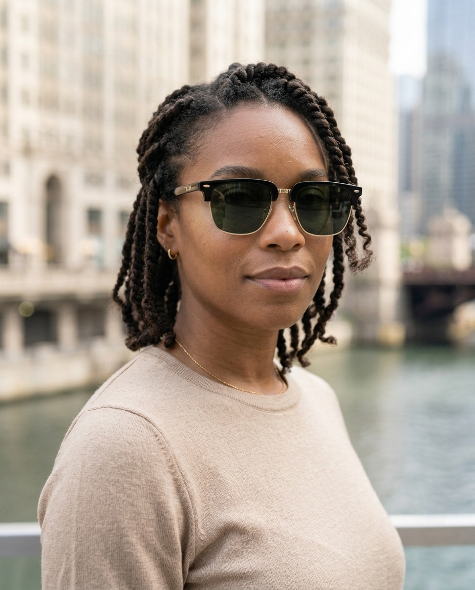 EYRA SERA – Black & Gold with G‑15 Green Polarized Lenses on Amara