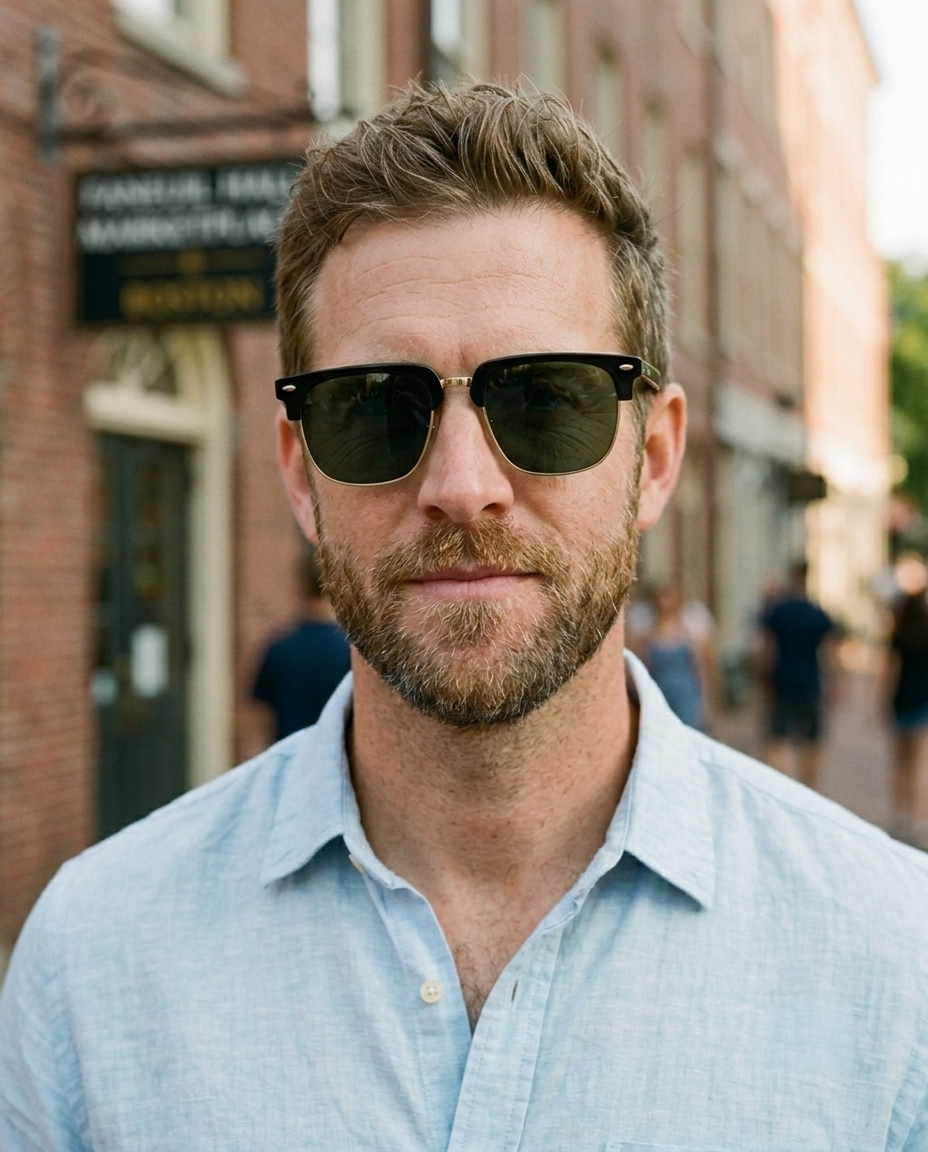 EYRA SERA – Black & Gold with G‑15 Green Polarized Lenses on Ethan
