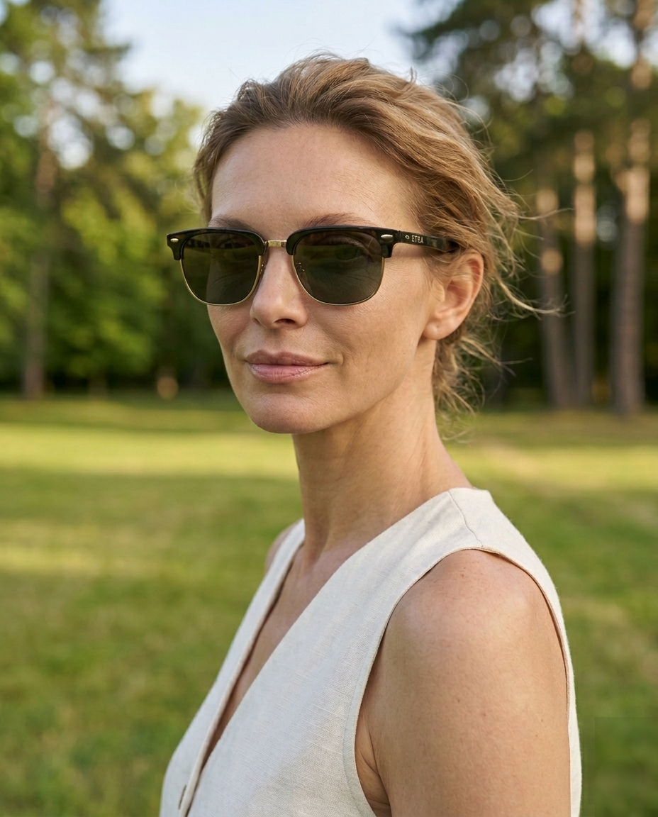 EYRA SERA – Black & Gold with G‑15 Green Polarized Lenses on Anya