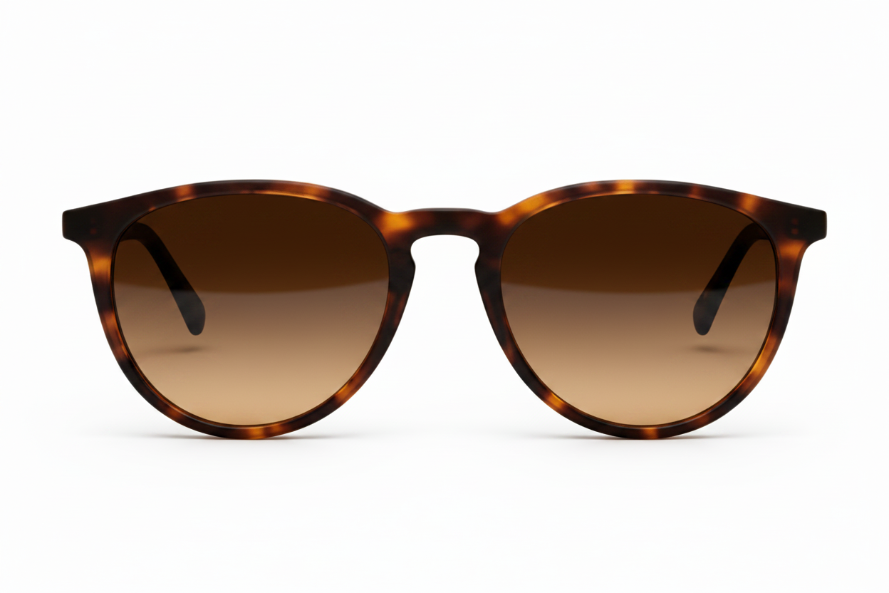 Sunglasses with tortoiseshell frame and gradient lenses on a white background