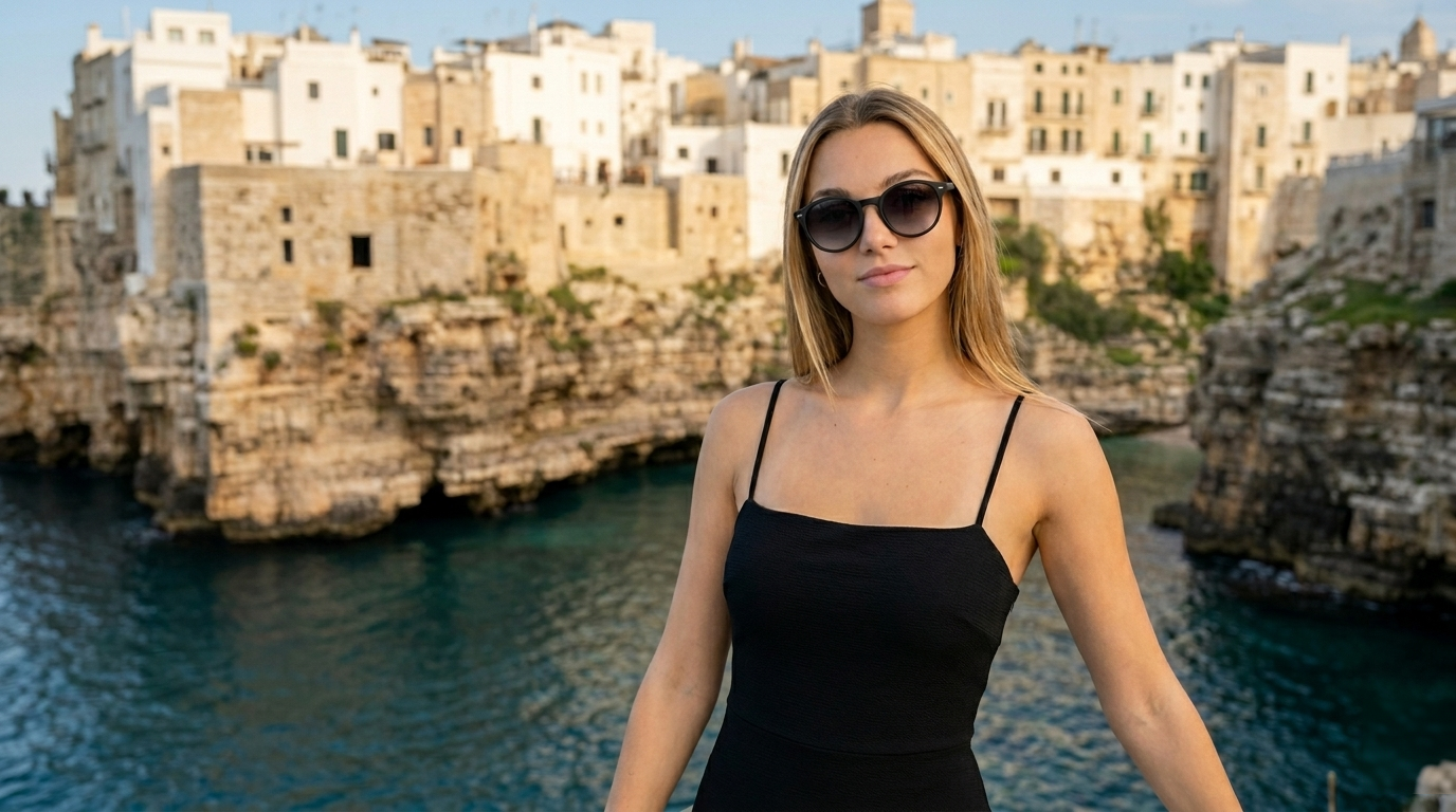 Woman wearing black sunglasses with the Polignano a Mare cliffs in the background