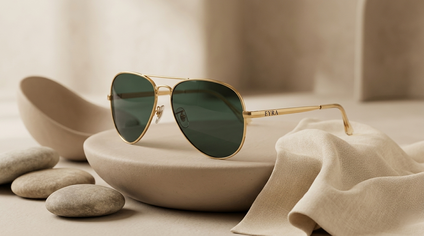 Gold-framed sunglasses with green lenses on a neutral background