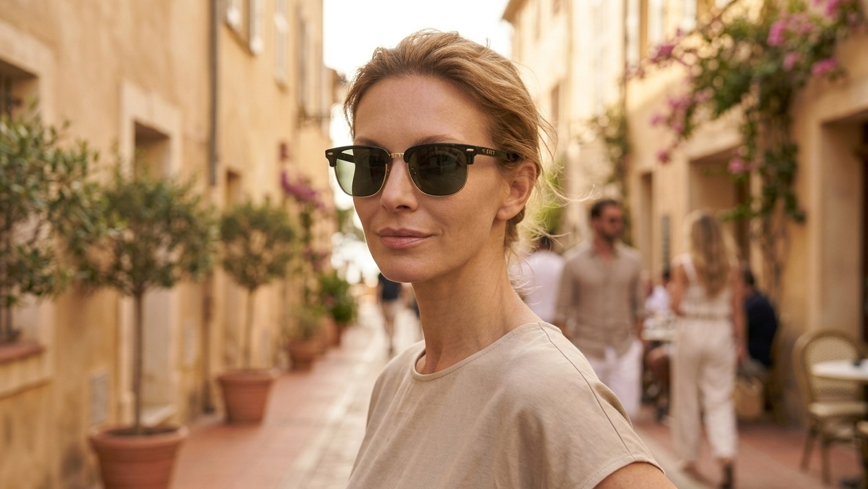 Anya wearing EYRA sunglasses while walking outdoors in soft natural light.