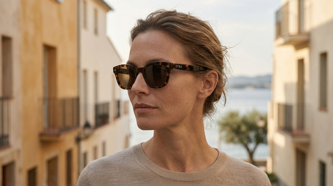 Woman wearing sunglasses with a cityscape background