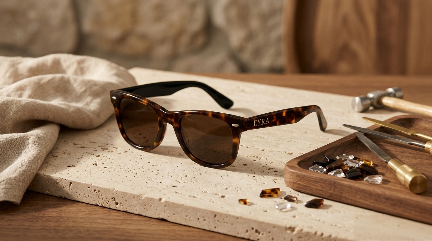 Tortoiseshell sunglasses on a stone surface with tools and materials around