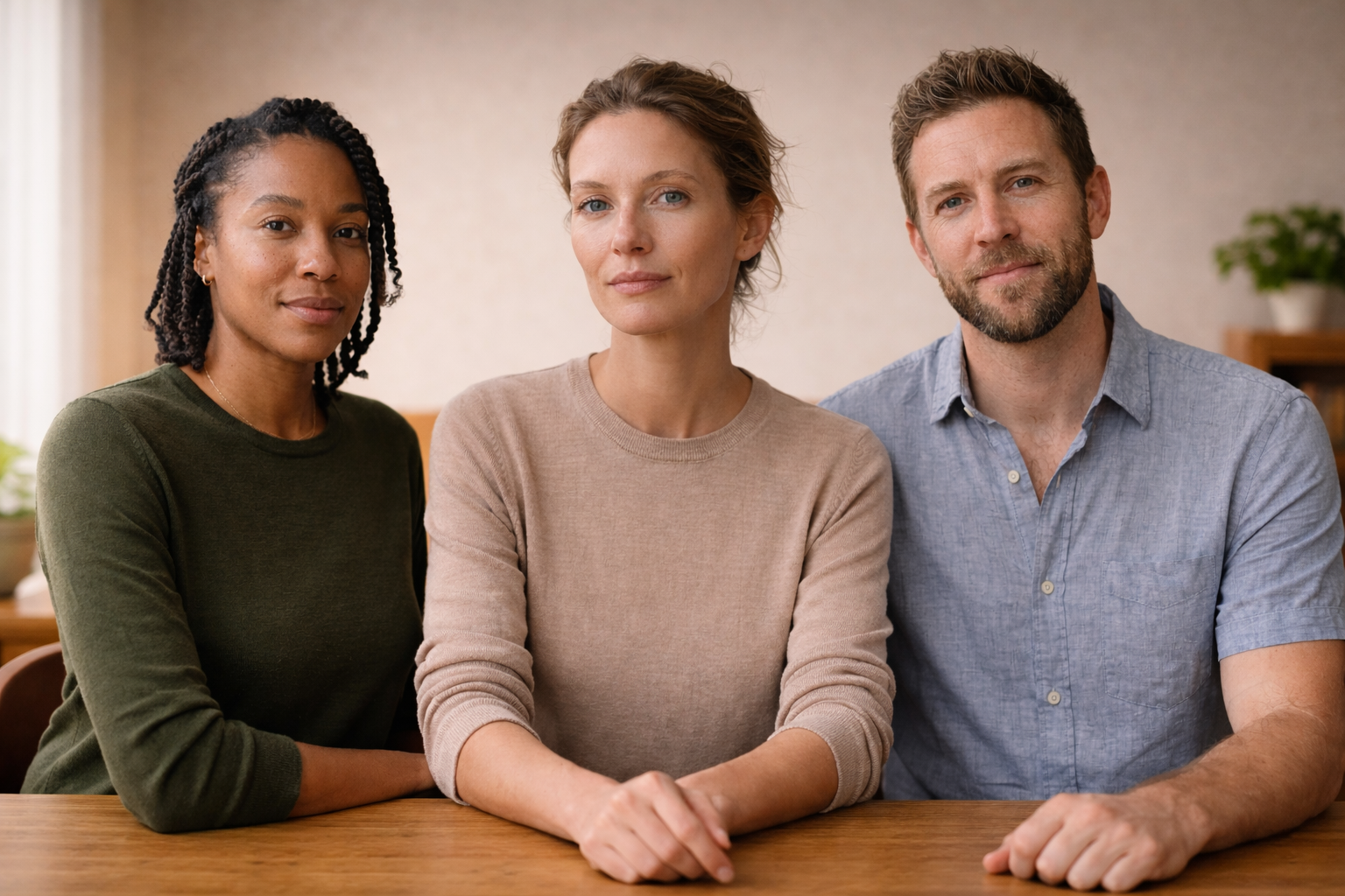 Three people sitting together in a warm, softly lit room.