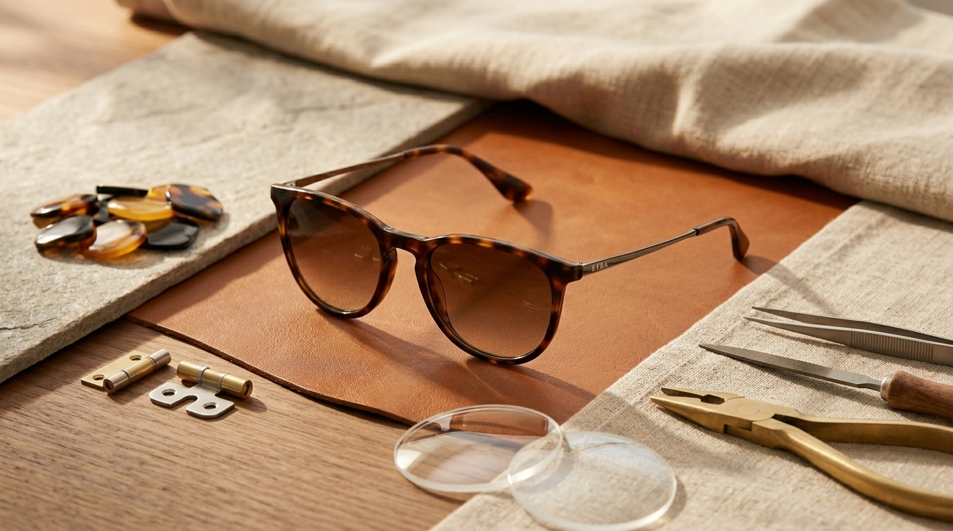 Sunglasses on a wooden surface with tools and fabric