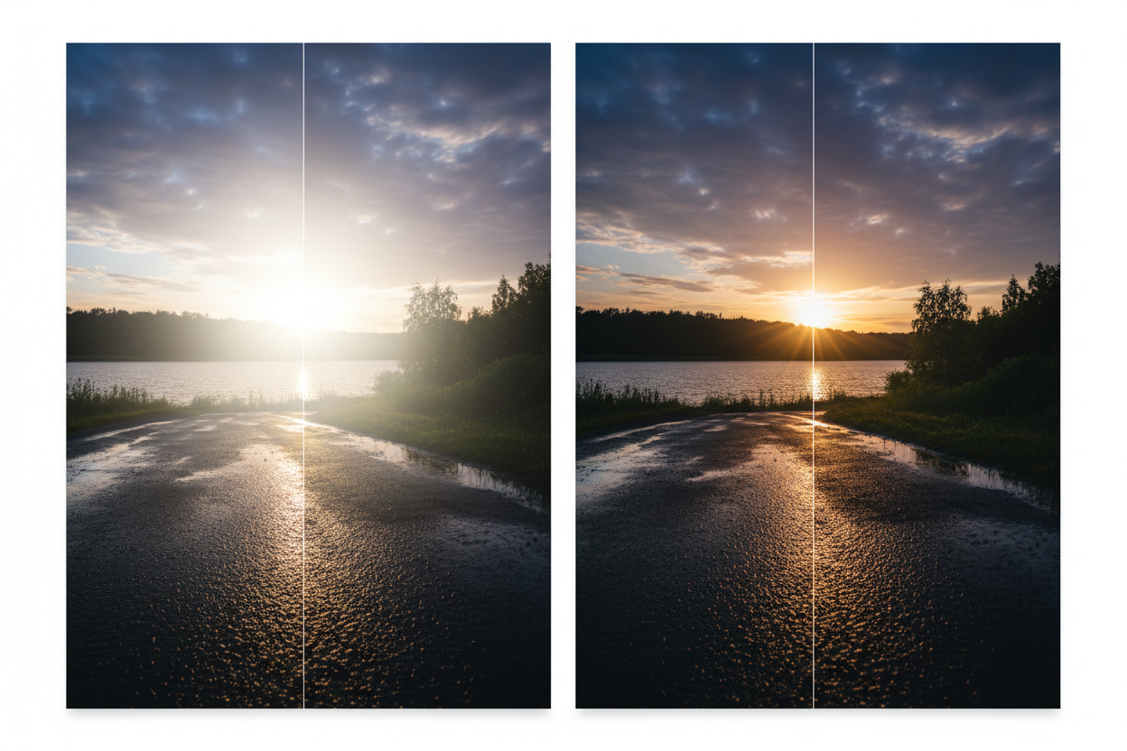 EYRA-Two side-by-side images of a sunset over a lake with a reflective water surface.