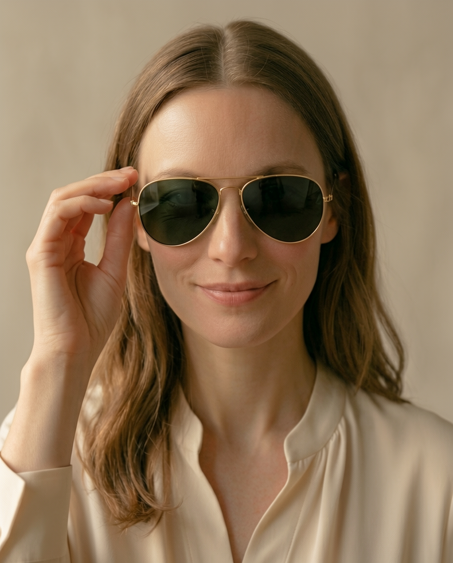 Woman adjusting sunglasses, representing EYRA optical‑grade polarized lenses and premium acetate frames