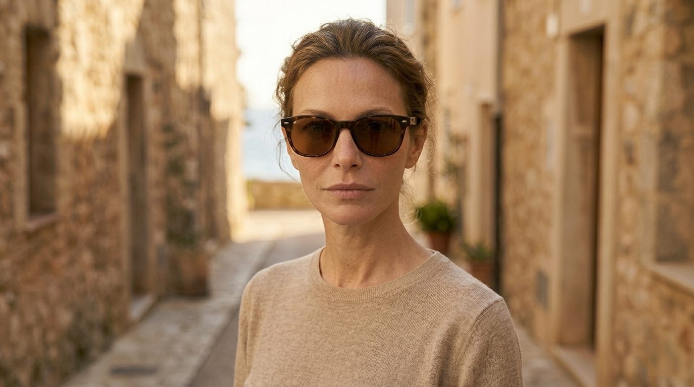 Woman wearing tortoise sunglasses in a sunlit European alley